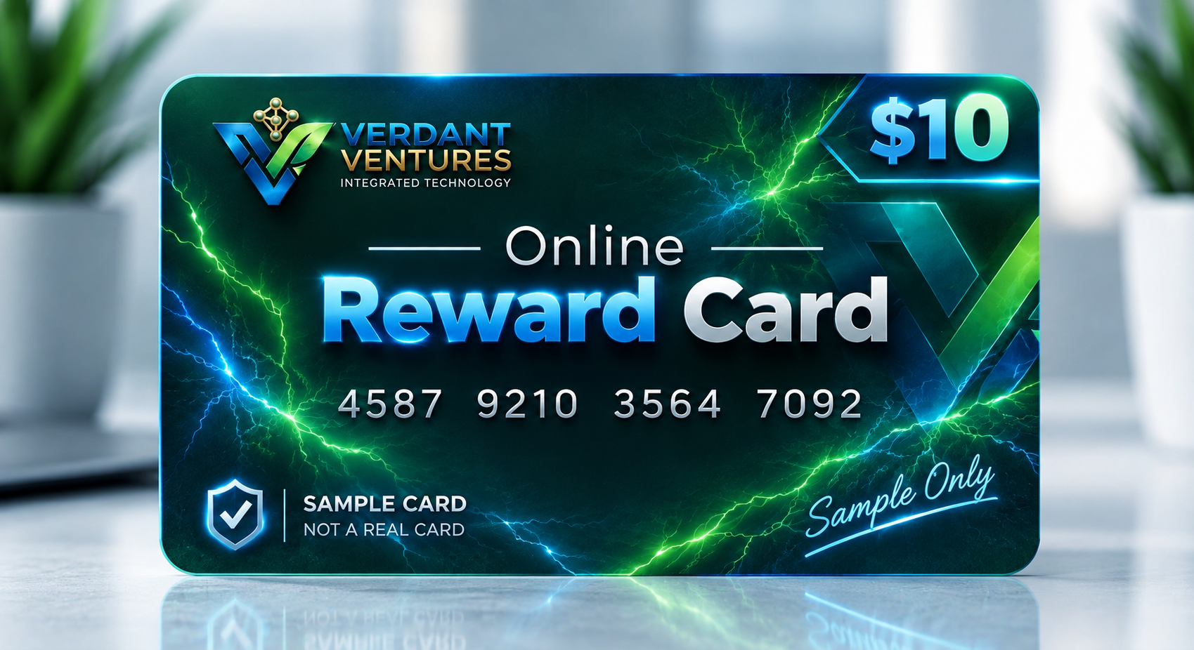 Verdant Ventures $10 sample reward card with blue and green lightning